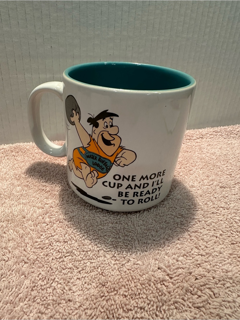 Flintstones Themed Vintage 1994 White Ceramic Coffee Mug with Teal Interior